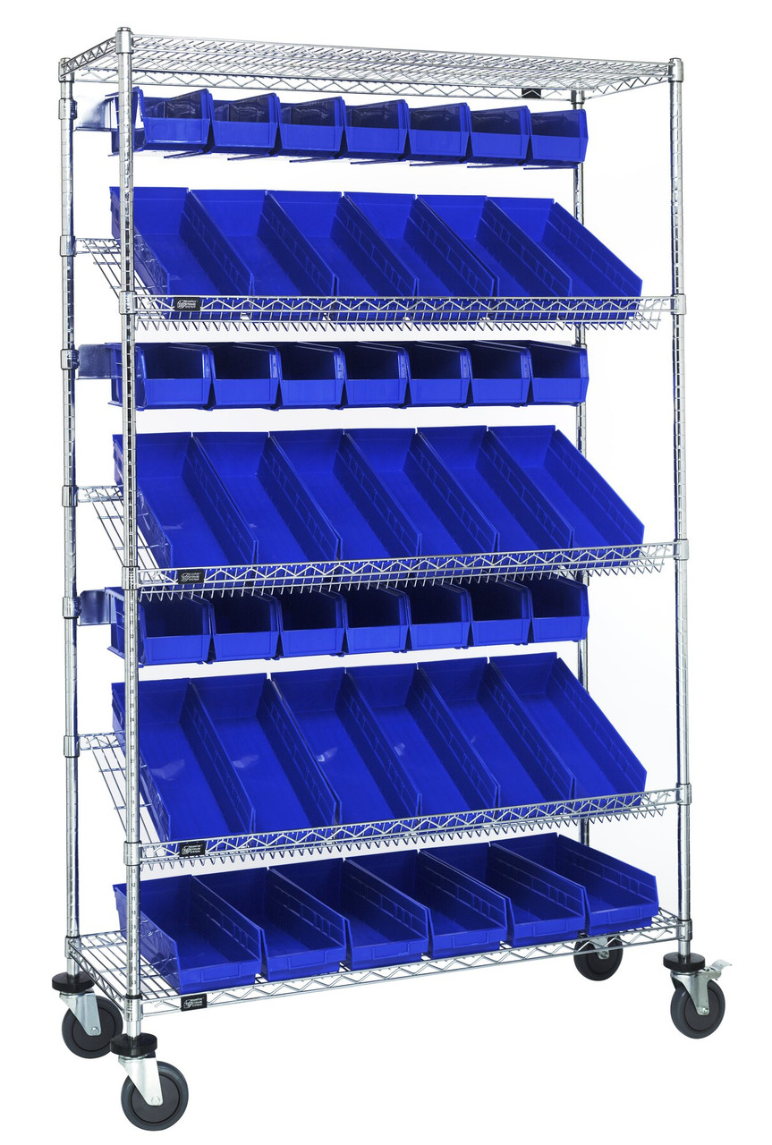 Slanted Shelf Cart, 36"W x 18"D x 80"H, 1200 lbs. load capacity, Chrome, Blue, Carbon Steel, WRCSL5-74-1836-104230BL