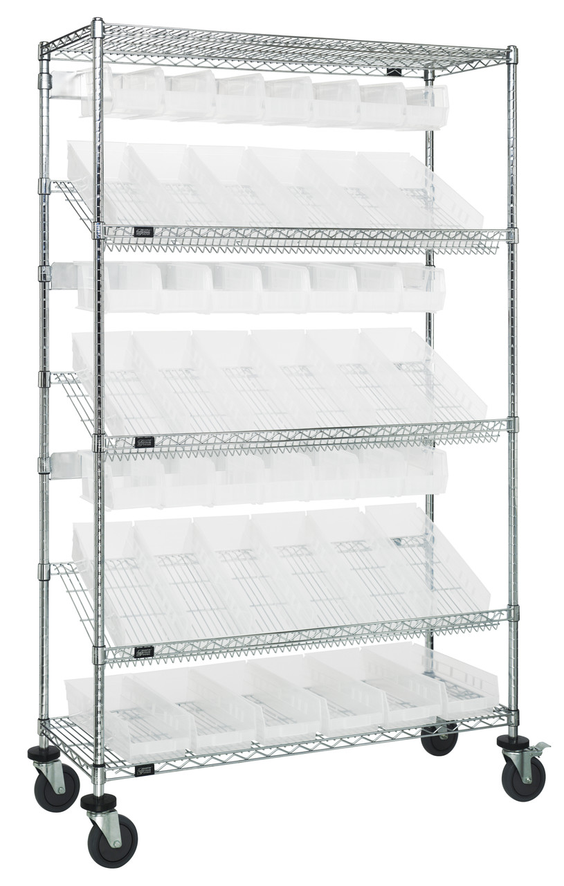 Slanted Shelf Cart, 36"W x 18"D x 80"H, 1200 lbs. load capacity, Chrome, Clear, Carbon Steel, WRCSL5-74-1836-104230CL