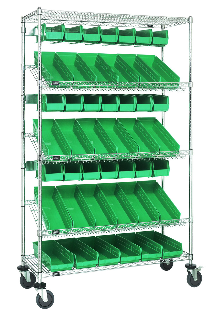 Slanted Shelf Cart, 36"W x 18"D x 80"H, 1200 lbs. load capacity, Chrome, Green, Carbon Steel, WRCSL5-74-1836-104230GN