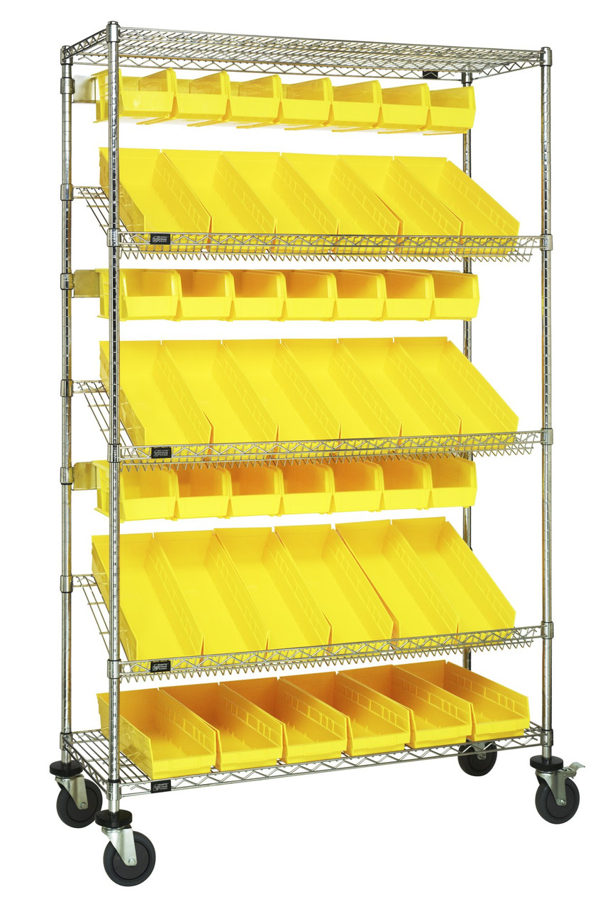 Slanted Shelf Cart, 36"W x 18"D x 80"H, 1200 lbs. load capacity, Chrome, Yellow, Carbon Steel, WRCSL5-74-1836-104230YL