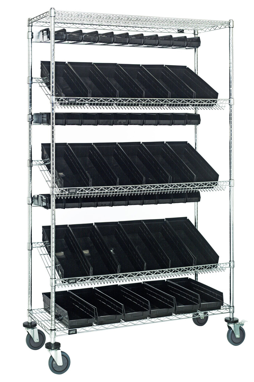 Slanted Shelf Cart, 48"W x 18"D x 80"H, 1200 lbs. load capacity, Chrome, Black, Carbon Steel, WRCSL5-74-1848-104220BK