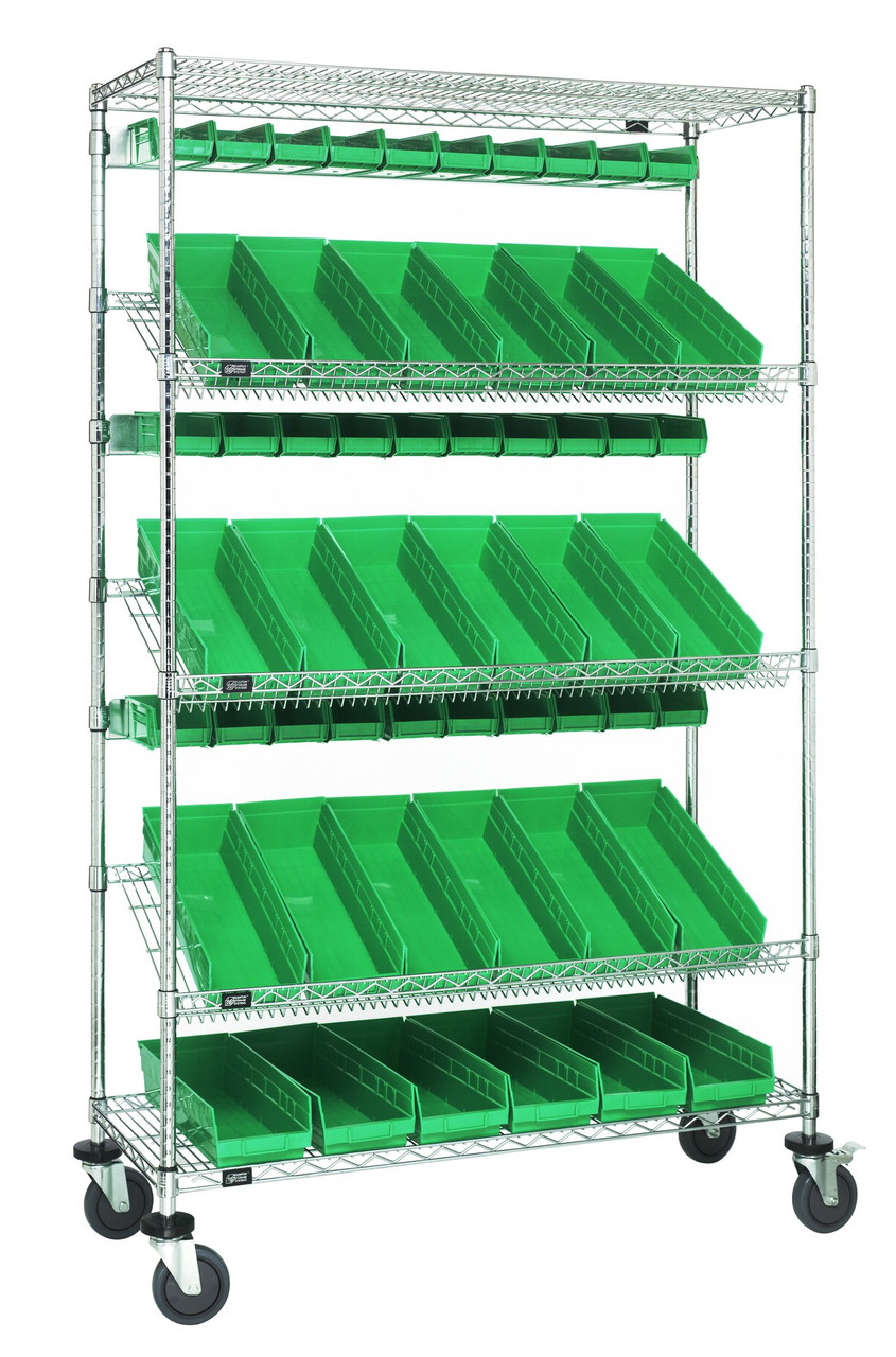 Slanted Shelf Cart, 48"W x 18"D x 80"H, 1200 lbs. load capacity, Chrome, Green, Carbon Steel, WRCSL5-74-1848-104220GN