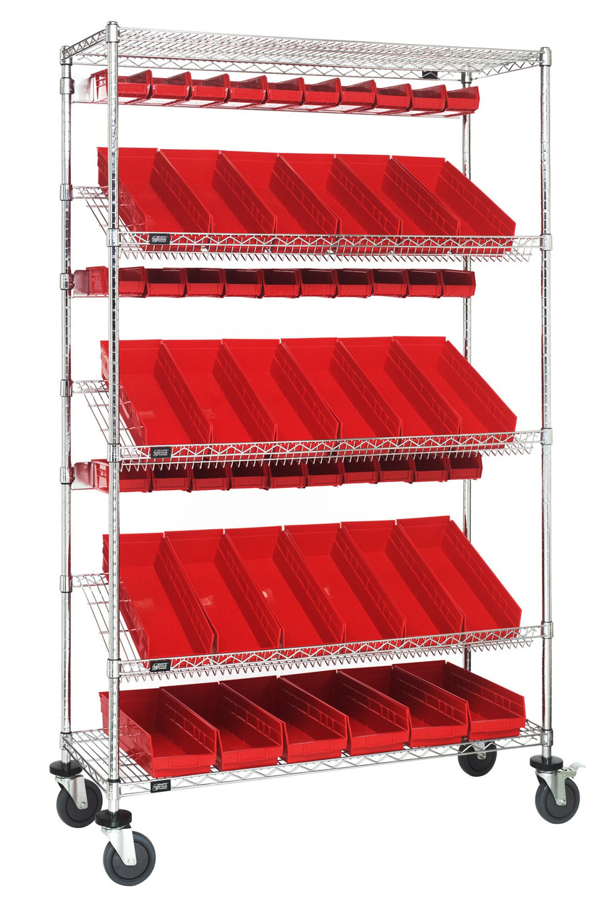 Slanted Shelf Cart, 48"W x 18"D x 80"H, 1200 lbs. load capacity, Chrome, Red, Carbon Steel, WRCSL5-74-1848-104220RD