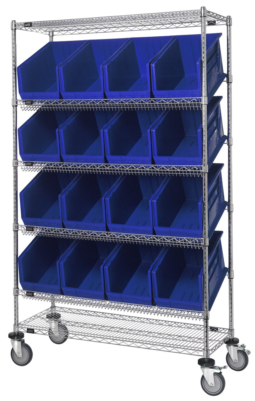 Slanted Shelf Cart, 48"W x 24"D x 80"H, 1200 lbs load capacity, Chrome, Blue, Carbon Steel, WRCSL6-74-2448-953BL