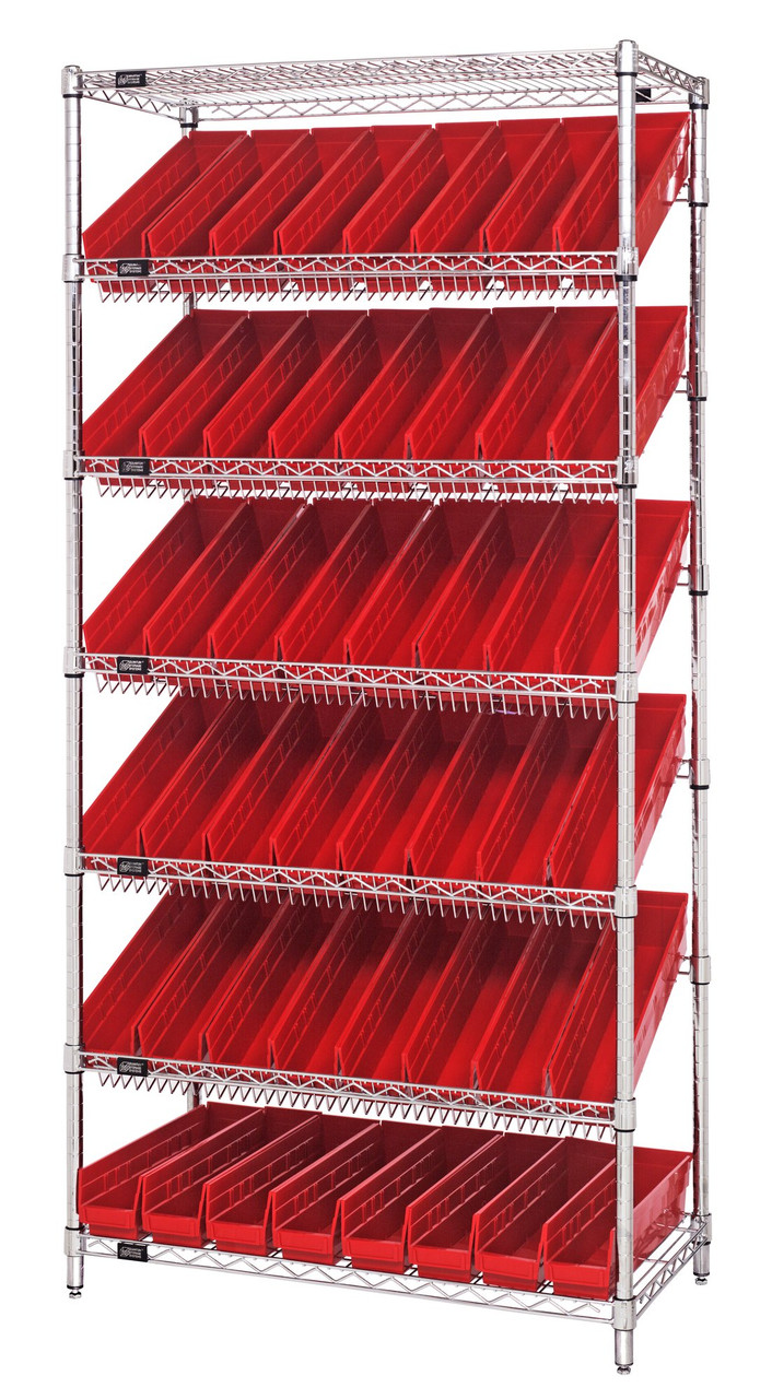 Bin Systems Unit, stationary, 36"W x 18"D x 74"H, Chrome, Red, Carbon Steel, WRS-7-103RD