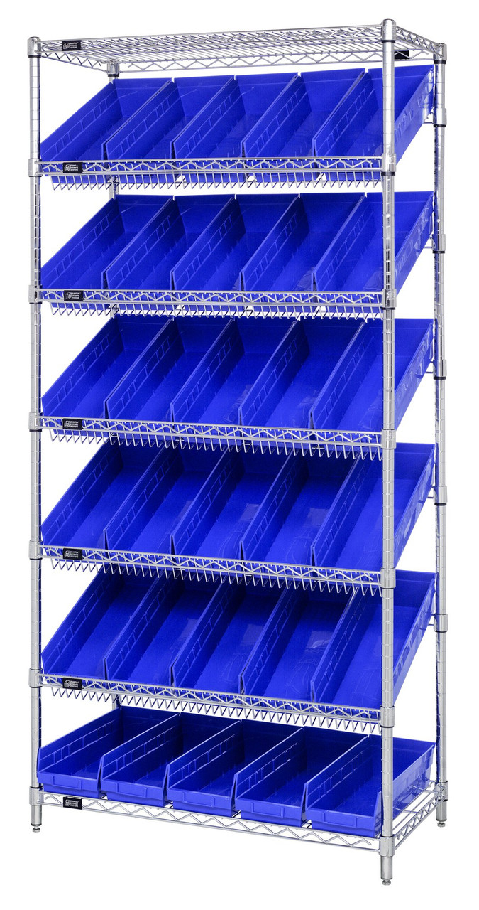 Bin Systems Unit, stationary, 36"W x 18"D x 74"H, Chrome, Blue, Carbon Steel, WRS-7-104BL
