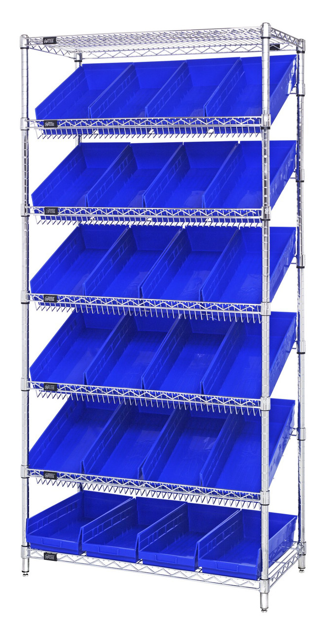 Bin Systems Unit, stationary, 36"W x 18"D x 74"H, Chrome, Blue, Carbon Steel, WRS-7-108BL