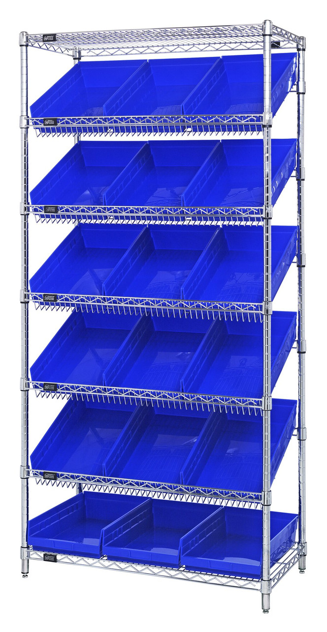 Bin Systems Unit, stationary, 36"W x 18"D x 74"H, Chrome, Blue, Carbon Steel, WRS-7-110BL