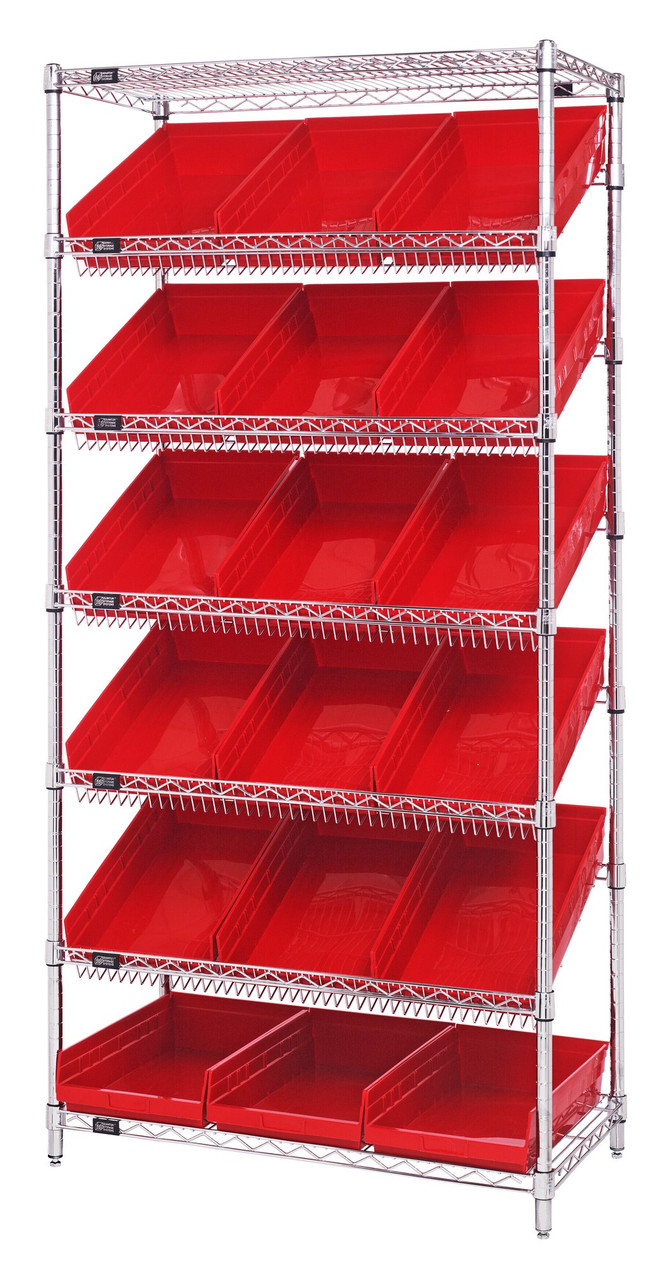 Bin Systems Unit, stationary, 36"W x 18"D x 74"H, Chrome, Red, Carbon Steel, WRS-7-110RD