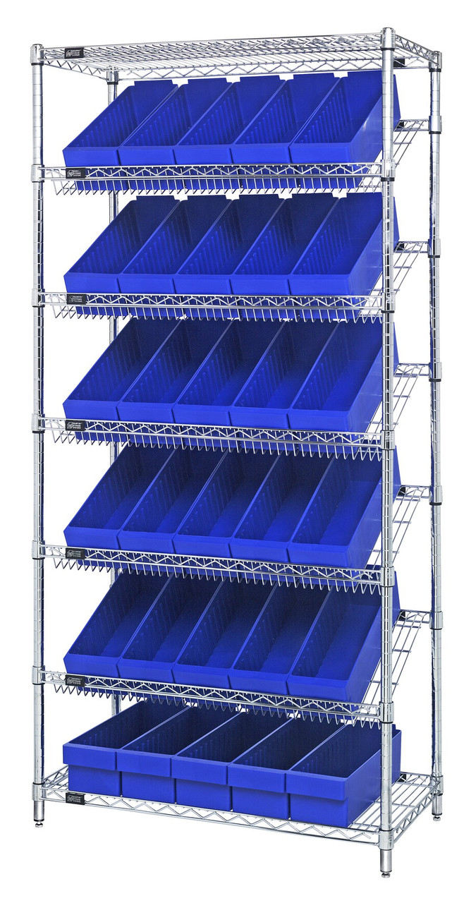 Bin Systems Unit, stationary, 36"W x 18"D x 74"H, Chrome, Blue, Carbon Steel, WRS-7-602BL