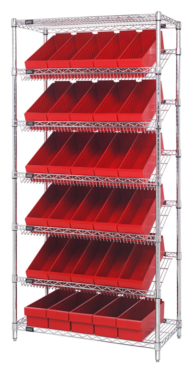 Bin Systems Unit, stationary, 36"W x 18"D x 74"H, Chrome, Red, Carbon Steel, WRS-7-602RD