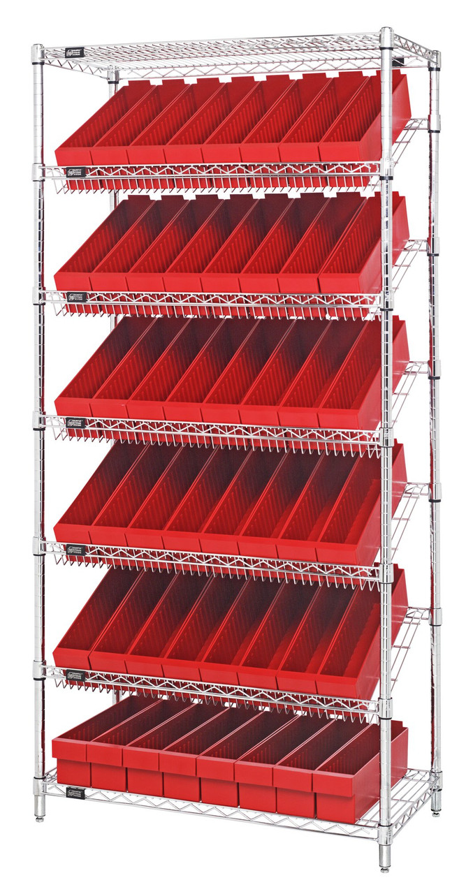 Bin Systems Unit, stationary, 36"W x 18"D x 74"H, Chrome, Red, Carbon Steel, WRS-7-604RD
