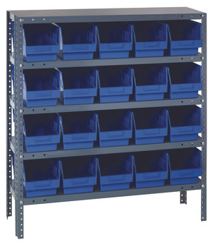 Shelving Unit, 12"D x 36"L x 39"H, heavy duty, 400 lb. load capacity per shelf, includes: (5) shelves, (20) 11-5/8"L x 6-5/8"W x 6"H (QSB202) bins available in multiple colors, uprights and cross bars, smooth powder-coat finish, 1239-202BL