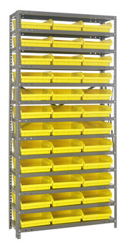 Shelving Unit, 12"D x 36"L x 75"H, heavy duty, 400 lb. load capacity per shelf, includes: (13) shelves, (36) 11-5/8"L x 11-1/8"W x 4"H (QSB109) black black bins, uprights and cross bars, smooth powder-coat finish, 1275-109BK