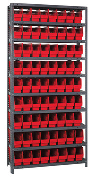 Shelving Unit, 12"D x 36"L x 75"H, heavy duty, 400 lb. load capacity per shelf, includes: (10) shelves, (72) 11-5/8"L x 4-1/8"W x 6"H (QSB201) red black bins, uprights and cross bars, smooth powder-coat finish, 1275-201RD