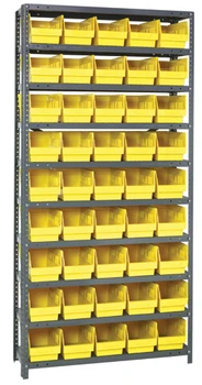 Shelving Unit, 12"D x 36"L x 75"H, heavy duty, 400 lb. load capacity per shelf, includes: (10) shelves, (45) 11-5/8"L x 6-5/8"W x 6"H (QSB202) blue black bins, uprights and cross bars, smooth powder-coat finish, 1275-202BL
