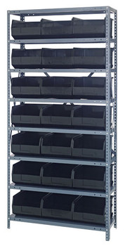Shelving Unit, 12"D x 36"L x 75"H, heavy duty, 400 lb. load capacity per shelf, includes: (8) shelves, (21) 12"L x 11"W x 7"H (SSB425) black black bins, uprights and cross bars, smooth powder-coat finish, 1275-425BK