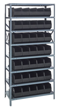 Shelving Unit, 12"D x 36"L x 75"H, heavy duty, 400 lb. load capacity per shelf, includes: (8) shelves, (35) 14"L x 6"W x 7"H (SSB441) black black bins, uprights and cross bars, smooth powder-coat finish, 1275-441BK