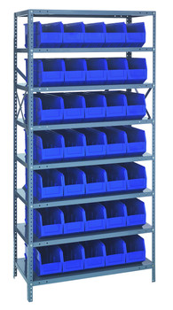 Shelving Unit, 12"D x 36"L x 75"H, heavy duty, 400 lb. load capacity per shelf, includes: (8) shelves, (35) 14"L x 6"W x 7"H (SSB441) blue black bins, uprights and cross bars, smooth powder-coat finish, 1275-441BL
