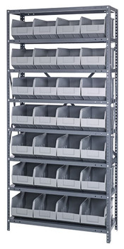 Shelving Unit, 12"D x 36"L x 75"H, heavy duty, 400 lb. load capacity per shelf, includes: (8) shelves, (28) 14"L x 8-1/4"W x 7"H (SSB443) blue black bins, uprights and cross bars, smooth powder-coat finish, 1275-443BL