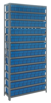 Shelving Unit, 12"D x 36"L x 75"H, heavy duty, 400 lb. load capacity per shelf, includes: (13) shelves, (108) 11-5/8"L x 3-3/4"W x 4-5/8"H (QED501) blue black bins, uprights and cross bars, smooth powder-coat finish, 1275-501BL