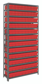Shelving Unit, 12"D x 36"L x 75"H, heavy duty, 400 lb. load capacity per shelf, includes: (13) shelves, (108) 11-5/8"L x 3-3/4"W x 4-5/8"H (QED501) red black bins, uprights and cross bars, smooth powder-coat finish, 1275-501RD