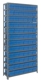 Shelving Unit, 12"D x 36"L x 75"H, heavy duty, 400 lb. load capacity per shelf, includes: (13) shelves, (72) 11-5/8"L x 5-9/16"W x 4-5/8"H (QED601) blue black bins, uprights and cross bars, smooth powder-coat finish, 1275-601BL