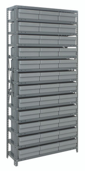 Shelving Unit, 12"D x 36"L x 75"H, heavy duty, 400 lb. load capacity per shelf, includes: (13) shelves, (36) 11-5/8"L x 11-1/8"W x 4-5/8"H (QED801) gray black bins, uprights and cross bars, smooth powder-coat finish, 1275-801GY
