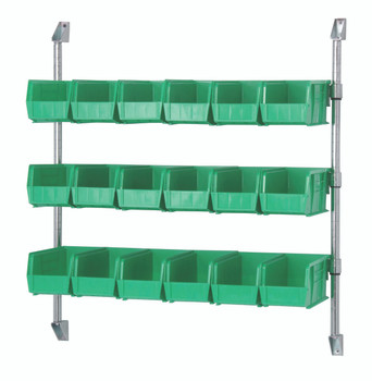 Cantilever Bin Holder Post Wall Mount, 30"W x 10-7/8"D x 34"H, includes: (3) bin rails, Chrome, Green, Carbon Steel, CAN-34-30BH-230GN