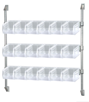 Cantilever Bin Holder Post Wall Mount, 36"W x 10-7/8"D x 34"H, includes: (3) bin rails, Chrome, Clear, Carbon Steel, CAN-34-36BH-230CL