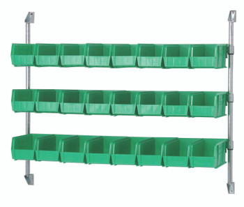Cantilever Bin Holder Post Wall Mount, 48"W x 10-7/8"D x 34"H, includes: (3) bin rails, Chrome, Green, Carbon Steel, CAN-34-48BH-230GN
