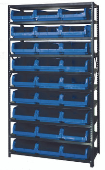 Magnum Bin Steel Shelving, 42"W x 18"D x 75"H, includes: (10) shelves and (27) 19-3/4"L x 12-3/8"W x 5-7/8"H (QMS531) blue bins, Gray, Blue, Carbon Steel, MSU-531BL