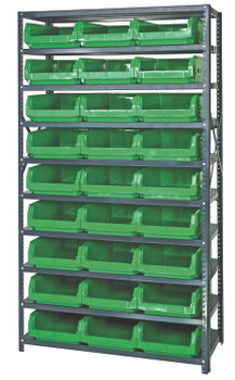 Magnum Bin Steel Shelving, 42"W x 18"D x 75"H, includes: (10) shelves and (27) 19-3/4"L x 12-3/8"W x 5-7/8"H (QMS531) green bins, Gray, Green, Carbon Steel, MSU-531GN