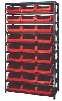 Magnum Bin Steel Shelving, 42"W x 18"D x 75"H, includes: (10) shelves and (27) 19-3/4"L x 12-3/8"W x 5-7/8"H (QMS531) red bins, Gray, Red, Carbon Steel, MSU-531RD