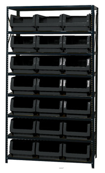 Magnum Bin Steel Shelving, 42"W x 18"D x 75"H, includes: (8) shelves and (21) 19-3/4"L x 12-3/8"W x 7-7/8"H (QMS532) black bins, Gray, Black, Carbon Steel, MSU-532BK