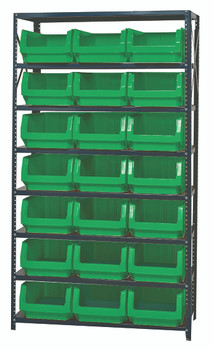 Magnum Bin Steel Shelving, 42"W x 18"D x 75"H, includes: (8) shelves and (21) 19-3/4"L x 12-3/8"W x 7-7/8"H (QMS532) green bins, Gray, Green, Carbon Steel, MSU-532GN
