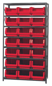 Magnum Bin Steel Shelving, 42"W x 18"D x 75"H, includes: (8) shelves and (21) 19-3/4"L x 12-3/8"W x 7-7/8"H (QMS532) red bins, Gray, Red, Carbon Steel, MSU-532RD