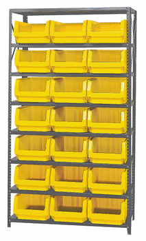 Magnum Bin Steel Shelving, 42"W x 18"D x 75"H, includes: (8) shelves and (21) 19-3/4"L x 12-3/8"W x 7-7/8"H (QMS532) yellow bins, Gray, Yellow, Carbon Steel, MSU-532YL