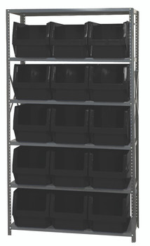 Magnum Bin Steel Shelving, 42"W x 18"D x 75"H, includes: (6) shelves and (15) 19-3/4"L x 12-3/8"W x 11-7/8"H (QMS533) black bins, Gray, Black, Carbon Steel, MSU-533BK