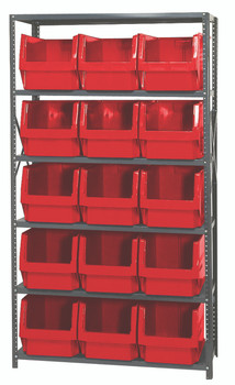 Magnum Bin Steel Shelving, 42"W x 18"D x 75"H, includes: (6) shelves and (15) 19-3/4"L x 12-3/8"W x 11-7/8"H (QMS533) red bins, Gray, Red, Carbon Steel, MSU-533RD