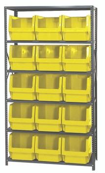Magnum Bin Steel Shelving, 42"W x 18"D x 75"H, includes: (6) shelves and (15) 19-3/4"L x 12-3/8"W x 11-7/8"H (QMS533) yellow bins, Gray, Yellow, Carbon Steel, MSU-533YL