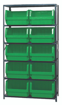 Magnum Bin Steel Shelving, 42"W x 18"D x 75"H, includes: (6) shelves and (10) 19-3/4"L x 18-3/8"W x 11-7/8"H (QMS543) green bins, Gray, Green, Carbon Steel, MSU-543GN