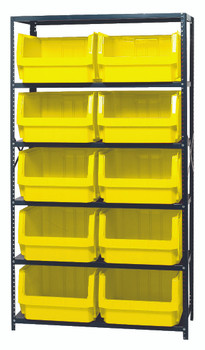 Magnum Bin Steel Shelving, 42"W x 18"D x 75"H, includes: (6) shelves and (10) 19-3/4"L x 18-3/8"W x 11-7/8"H (QMS543) yellow bins, Gray, Yellow, Carbon Steel, MSU-543YL