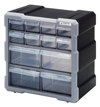 Plastic Drawer Cabinet, 6-1/4"L x 10-1/2"W x 10-1/4"H, includes (8) 5-1/2"L x 2"W x 1-1/4"W and (4) 5-1/2"L x 4-1/4"W x 2"H, Black/Gray, Black/Gray, Polypropylene, PDC-12BK