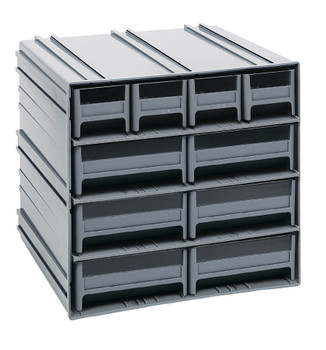 Interlocking Storage Cabinets, 11-3/8"D x 11-3/4"W x 11"H, includes: (4) IDR201 and (6) IDR203, Gray, Gray, Polysteryne, QIC-4163GY