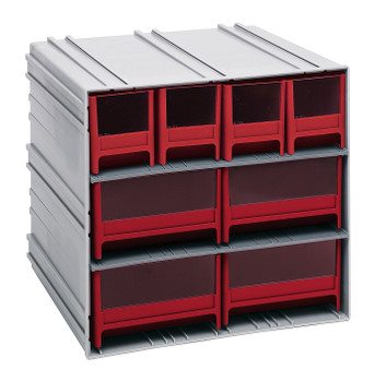 Interlocking Storage Cabinets, 11-3/8"D x 11-3/4"W x 11"H, includes: (4) IDR202 and (4) IDR204, Gray, Red, Polysteryne, QIC-4244RD