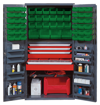 Heavy-Duty 36" Bin Cabinet, 36"W x 24"D x 72"H, 800 lb. capacity per interior shelf and 60 lb. capacity per door shelf, Gray, Green, Carbon Steel, QSC-3672-4DGN