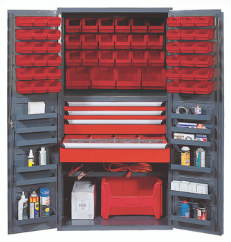 Heavy-Duty 36" Bin Cabinet, 36"W x 24"D x 72"H, 800 lb. capacity per interior shelf and 60 lb. capacity per door shelf, Gray, Red, Carbon Steel, QSC-3672-4DRD