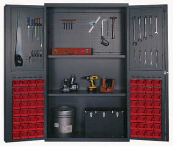 Heavy-Duty 48" Bin Cabinet, 48"W x 24"D x 78"H, 400 lb. capacity per interior shelf, Gray, Red, Carbon Steel, QSC-4805RD