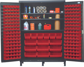 Heavy-Duty 60" Bin Cabinet, 60"W x 24"D x 84"H, 500 lb. capacity per interior shelf, Gray, Red, Carbon Steel, QSC-60SRD